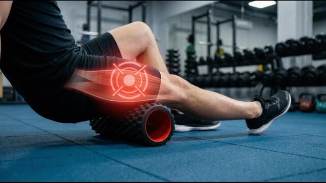 Athletic man using foam roller on thigh muscles for recovery and pain relief in a modern gym setting
