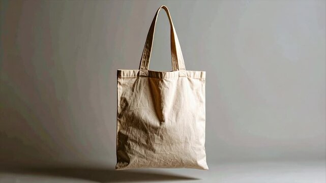 A beige cotton tote bag is suspended in front of a gray gradient background