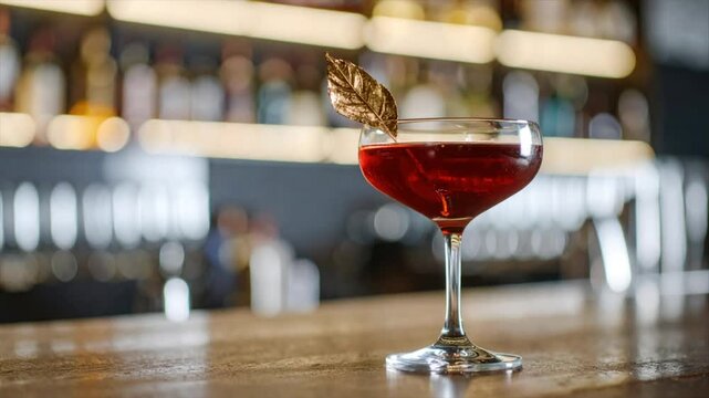 A coupe glass with a red cocktail and gold leaf garnish on a bar with bottles in the blurred background