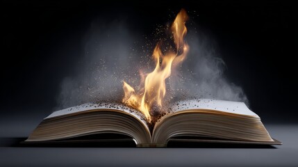 A book with a fire burning through it. The fire is so big that it is almost engulfing the book. The book is open to the middle of the page