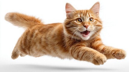 Obraz premium Energetic ginger kitten mid-air with mouth open, captured in a dynamic leap