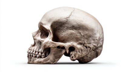 Obraz premium Detailed human skull profile view with realistic texture and shadows on a white background