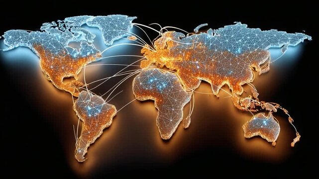 Global Connection and Digital Network: a radiant world map lights up, symbolizing global connection and interconnectedness through the digital world.