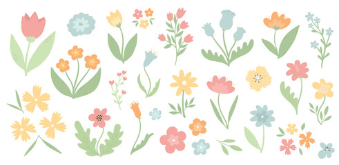 Spring flowers collection, decorative floral elements set for cards, banners, social media decor, stickers, prints, etc. EPS 10