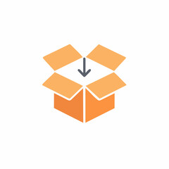 Obraz premium Open cardboard box with downward pointing arrow delivery symbol
