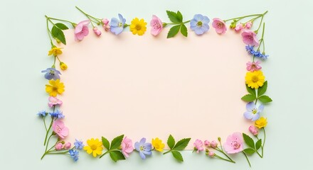Colorful spring flower border with pink, blue, and yellow blossoms on pastel background
