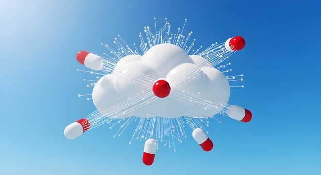 Ilustraci&oacute;n digital de nubes y c&aacute;psulas que representan la farmacia en l&iacute;nea y la tecnolog&iacute;a sanitaria moderna sobre fondo azul.