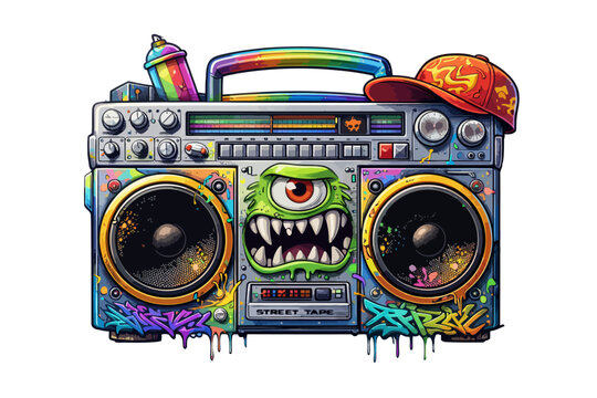 Graffiti Boombox Illustration with Monster Speaker. 
Colorful graffiti style boombox illustration with a monster face speaker and urban street art elements. 