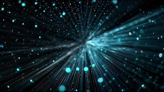 A futuristic digital landscape with particles and rays emanating from a central point in a dark environment