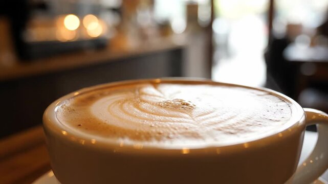 Close-up of a latte with intricate foam art in a cozy cafe setting