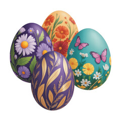 Fototapeta premium A cluster of four intricately decorated easter eggs featuring spring flowers and butterflies, isolated on transparent background. isolated on transparent background