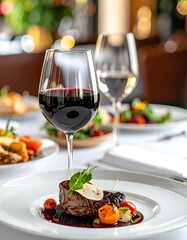 An elegant restaurant table setting with steak, red wine, salad, and beautifully arranged sides