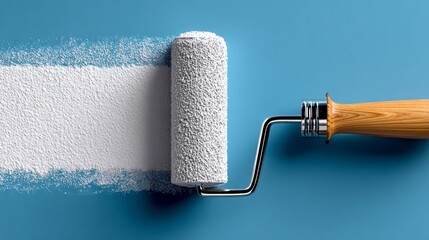 Obraz premium A paint roller is being used to apply white paint to a wall. The roller is being held by a person, who is likely painting the wall. The wall is a blank canvas, waiting to be transformed with color