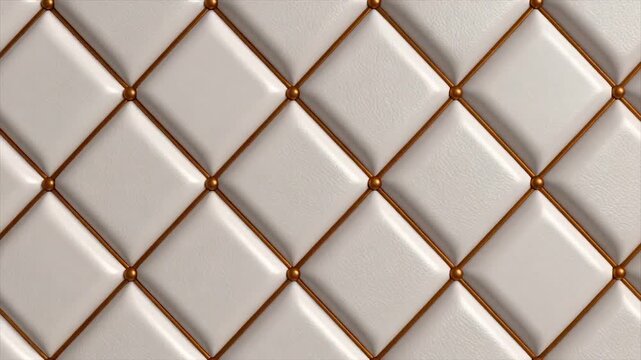 A close-up of a padded surface with a repeating diamond pattern and decorative studs