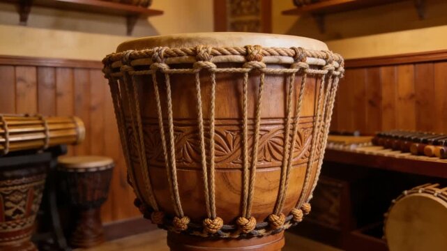 hand carved african djembe drum placed inside cultural music room video