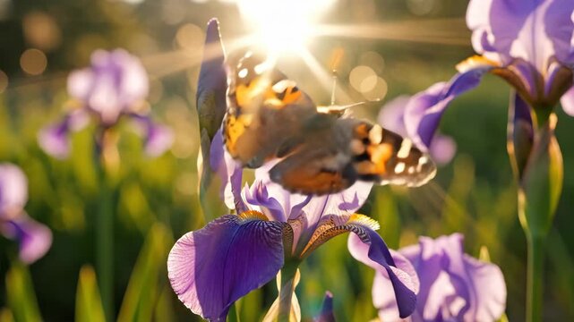 Close-up of a butterfly on a purple iris flower with sun flare, in a field of flowers.