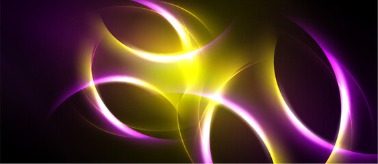Obraz premium Abstract design features vibrant purple, yellow light curves. Dynamic energy radiates from central glow, creating modern aesthetic.