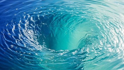 Closeup view of swirling blue water creating a vortex with ripples and bubbles