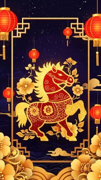 Vibrant traditional Chinese Lunar New Year celebration with decorative lanterns and auspicious motifs featuring mythical horse