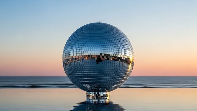 Large reflective disco ball standing on the beach at sunset with ocean waves in the background mirror - Powered by Adobe