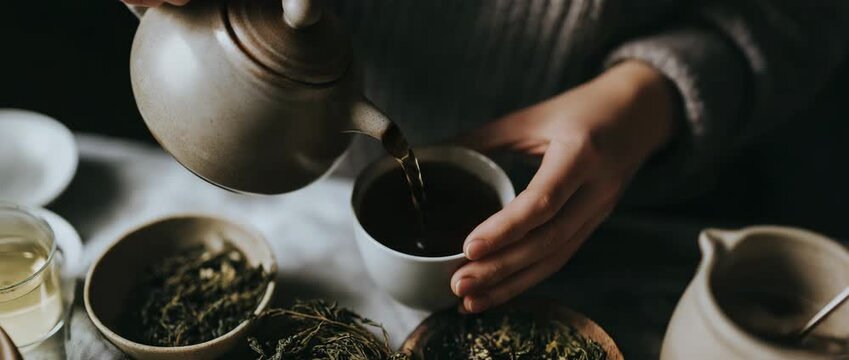 Hands pouring tea slowly into cup, creating a calm and intimate atmosphere that reflects mindfulness, tradition, and a relaxing tea ritual.
