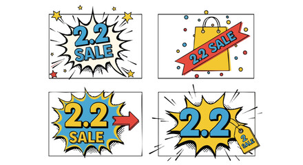 Comic pop art style 2.2 sale promotion graphics on a white background for digital marketing campaigns