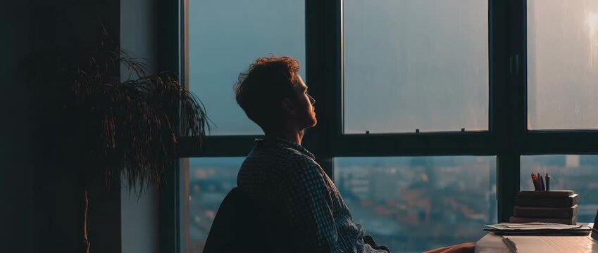 Person taking short pause from work, looking out window, calm reset moment, work-life balance

