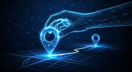 Hand interacting with digital map and location marker in a futuristic interface