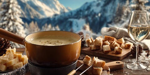 Pot of bubbling Swiss cheese fondue with skewered bread held above, paired with a glass of white wine on a wooden table. Behind, snow-covered Alps glow softly under pale daylight.