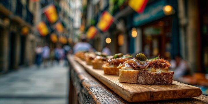 Spanish pintxos with anchovy, green olive, and red pepper on bread, served on narrow wooden bar counter, open to a stone alleyway with hanging flags and rustic village charm in background.
