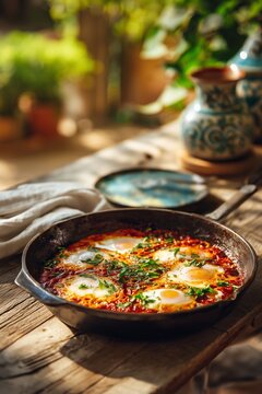 Shakshuka with poached eggs, rich tomato sauce and herbs, served in cast-iron skillet atop a rustic wooden table. White napkin and fork rest nearby as sunlight fills the Israeli courtyard behind.