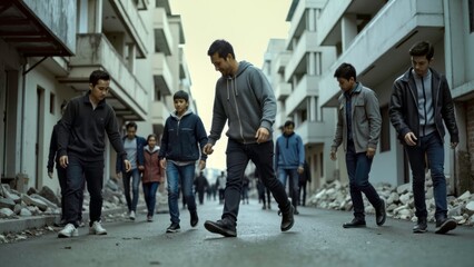 Disaster scene footage of pedestrian ruins