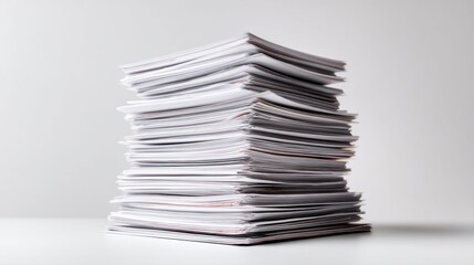 A tall stack of white papers and documents piled high on a clean white desk