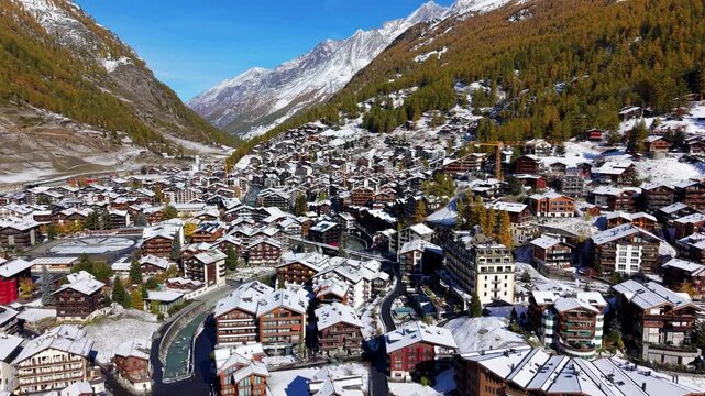 Aerial view of Zermatt townscape and Matterhorn mountain. Zermatt, Valais, Switzerland.