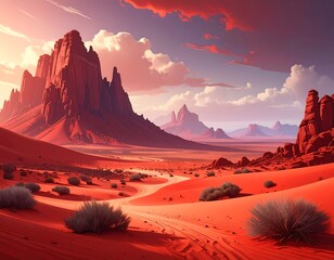 A vibrant desert landscape depicts towering red rock formations under a dramatic, sunset-hued sky with scattered clouds