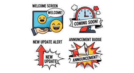 Naklejka premium A collection of digital interface notification and alert icons in a vibrant cartoon style for web and application design
