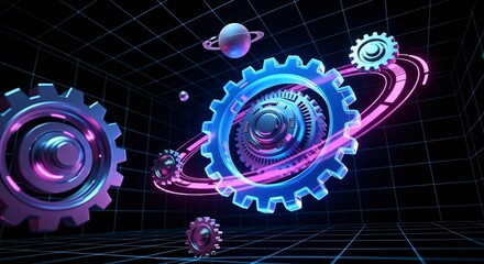 Interconnected cosmic gears in a futuristic digital grid