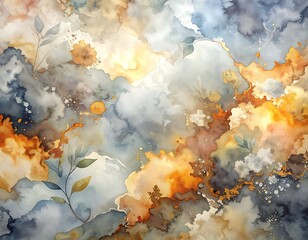 An ethereal watercolor dreamscape with blends of blue, grey, yellow, orange and brown, evokes nature and light