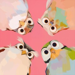 abstract colorful bird heads forming a circle, playful artistic illustration with symmetry creativity and modern design isolated on soft background.