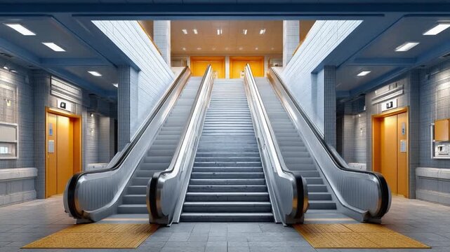 Modern Escalators and Elevators in the Building: A well-lit, contemporary interior showcasing escalators and elevators, inviting exploration and embodying modern design.