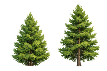 Fototapeta premium Two green fir trees growing, evergreen conifer plants with transparent background for easy use in forest designs