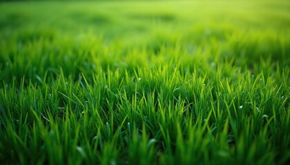 Close up view of bright green grass blades catching sunlight. Lush lawn shows texture and detail of fresh, healthy plants. Soft focus background fades into bokeh.