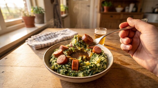 First Person POV of Traditional Dutch Stamppot Boerenkool with Rookworst Sausage