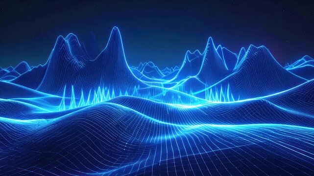 Glowing blue topographical map with a grid, depicting a mountainous landscape under a dark sky