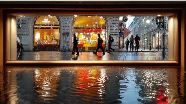 Cityscape Reflection: People stroll through a rain-slicked city center. The scene is mirrored in the tranquil water, with shops and buildings illuminated in the soft light of evening.