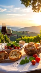 An idyllic outdoor table setup, featuring food and wine, overlooking rolling hills at sunset