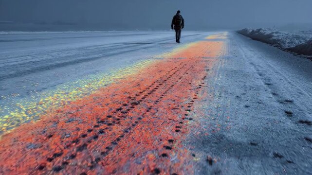 Cold temperature thermal scan reveals icy patches on an airport runway surface highlighting dangerous frost areas during early morning safety assessment.