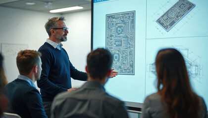 Fototapeta premium Male instructor teaches engineering students using interactive screen displaying circuit board designs. Diverse group learns about tech in classroom setting. Modern education.