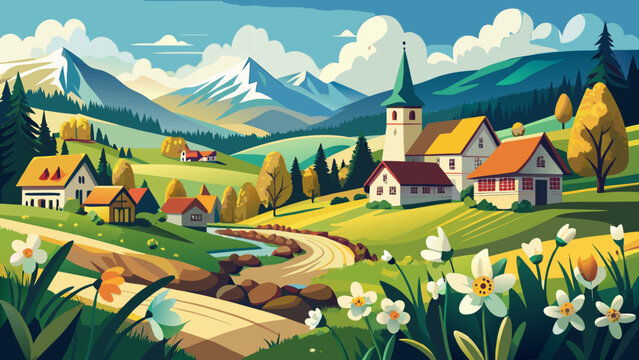 Very beautiful Hosman village in Transylvania features blooming daffodil fields, quiet rural houses, and distant snowy mountains, creating a peaceful countryside scene deeply connected to traditional 