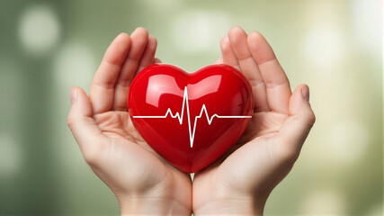 Fototapeta premium Hands gently holding a glossy red heart with a white heartbeat line against a soft green bokeh background, representing cardiovascular health and medical care
